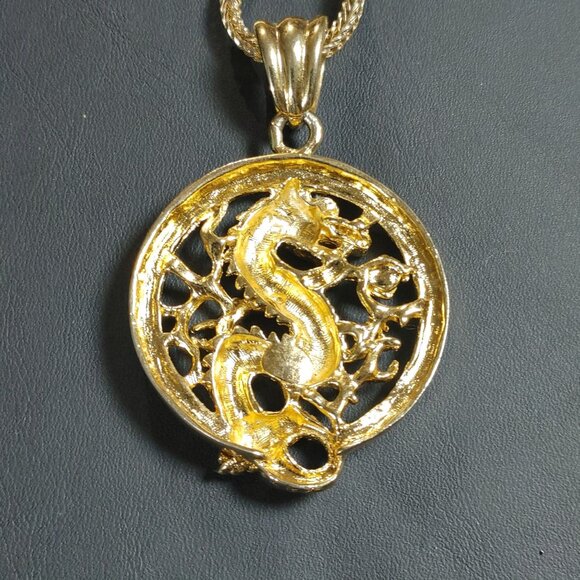 Gold Chinese Dragon Year Pendant Necklace Gold Tone Rhinestones 22 inch Chain - Picture 8 of 14